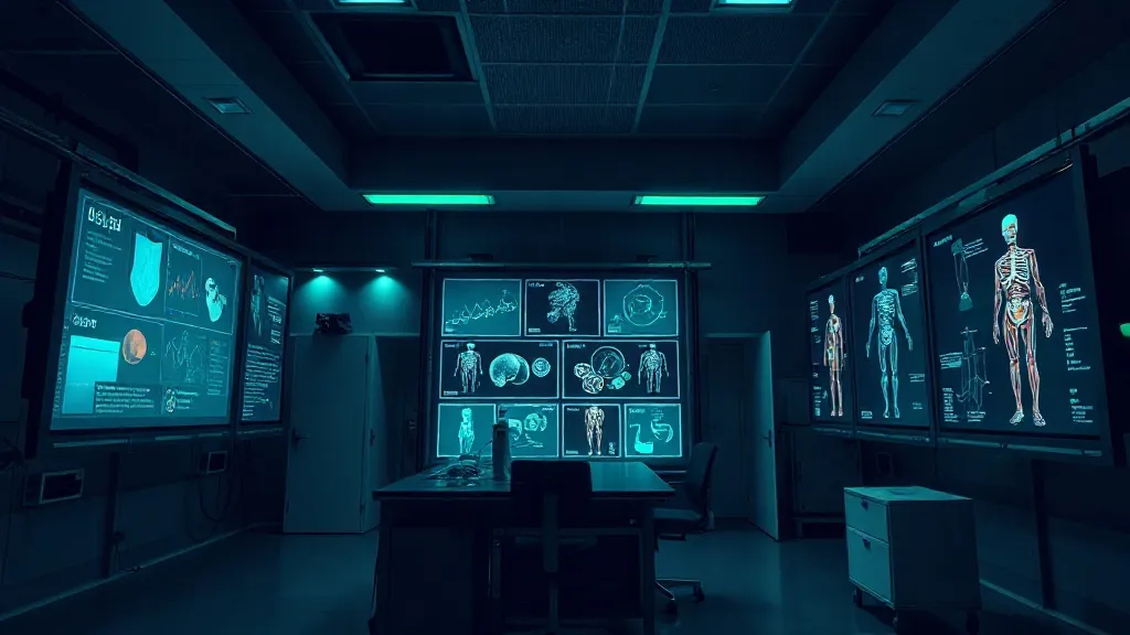 A high-tech laboratory setting with scientific charts and an