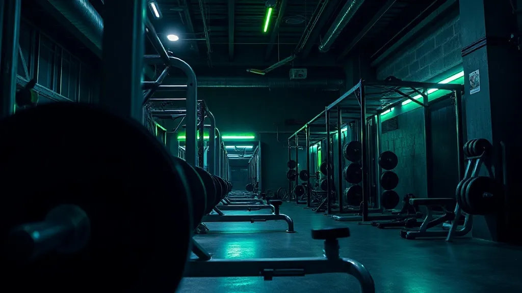 Dark atmospheric gym with heavy iron weights and professiona